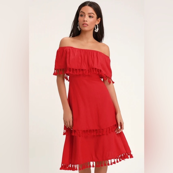 Lulu’s PENSACOLA RED OFF-THE-SHOULDER TASSELED MIDI DRESS - Picture 6 of 7
